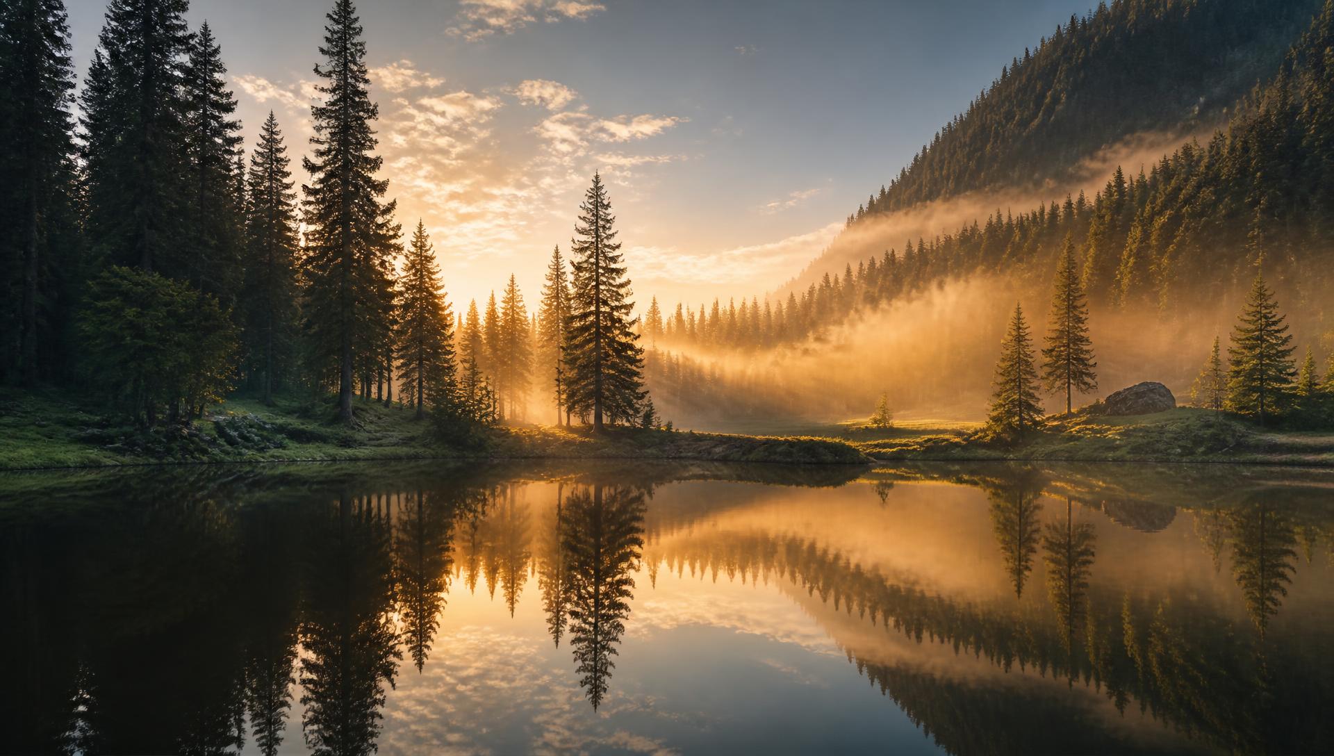 Misty forest lake at dawn
